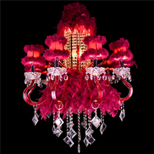 big pendant lamp with red feather shade